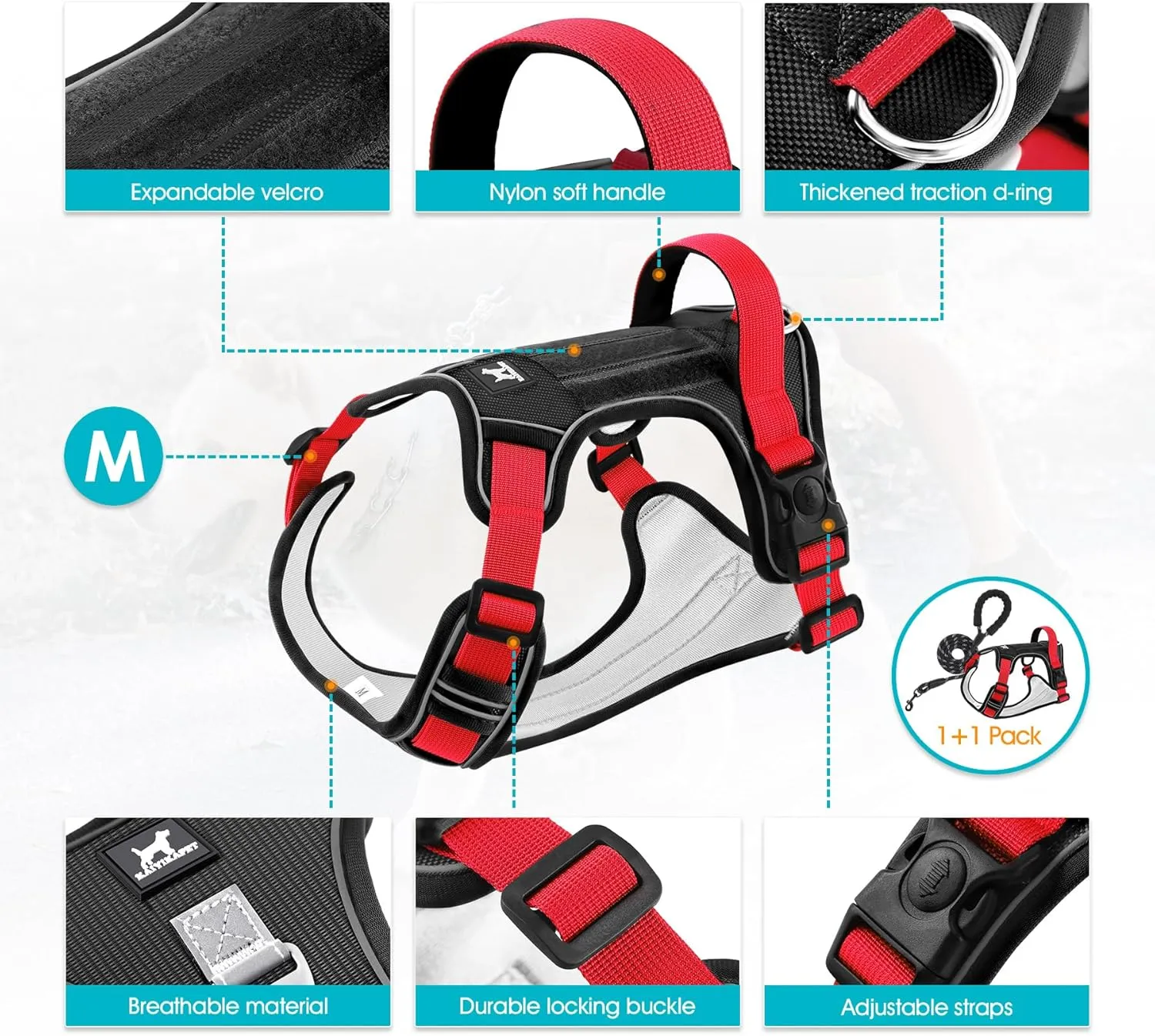 No Pull Harness with Heavy Duty 5ft Leash for Medium Small Large Sized Dog, Reflective No-Choke Pet Oxford Vest with Easy Control Handle