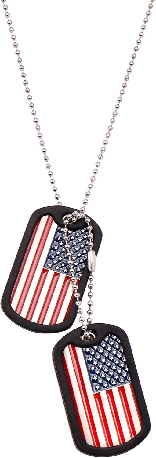 Paialco American Flag Dog Tags Military Necklace Set with Chains & Black Silencers