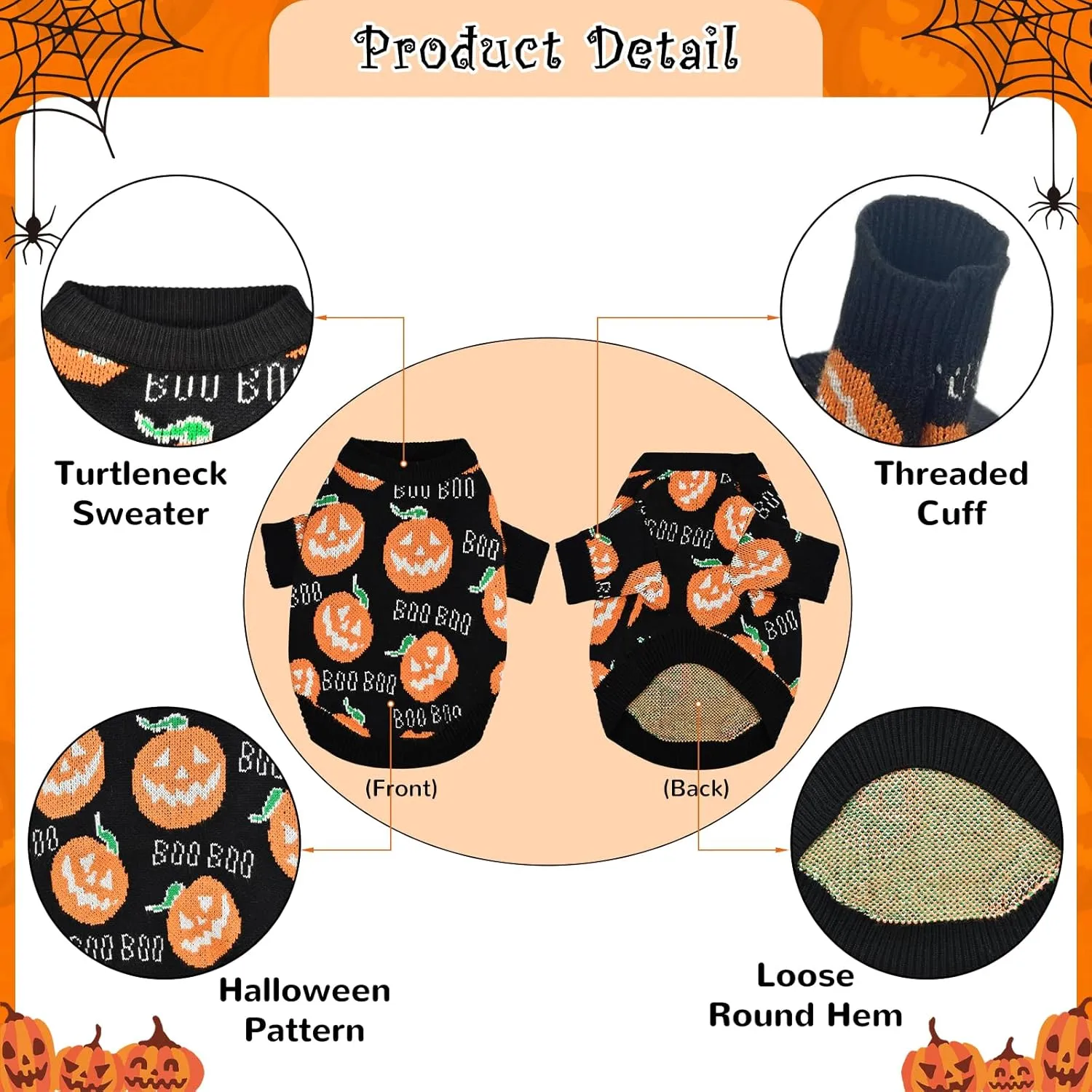 Pet Puppy Dog Halloween Sweater Cat Pumpkin Knitwear Clothes Costume with Cute Boo Pattern Halloween Sweater Coat for Kittens Small Dogs Cats M