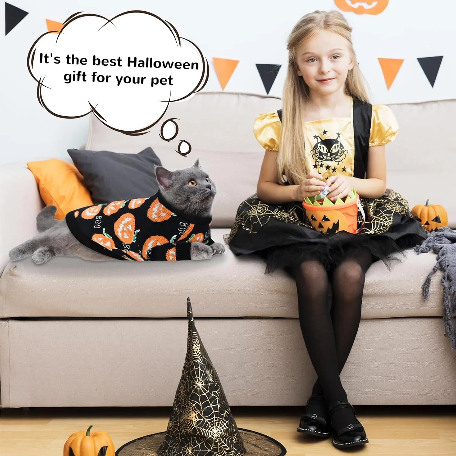 Pet Puppy Dog Halloween Sweater Cat Pumpkin Knitwear Clothes Costume with Cute Boo Pattern Halloween Sweater Coat for Kittens Small Dogs Cats M