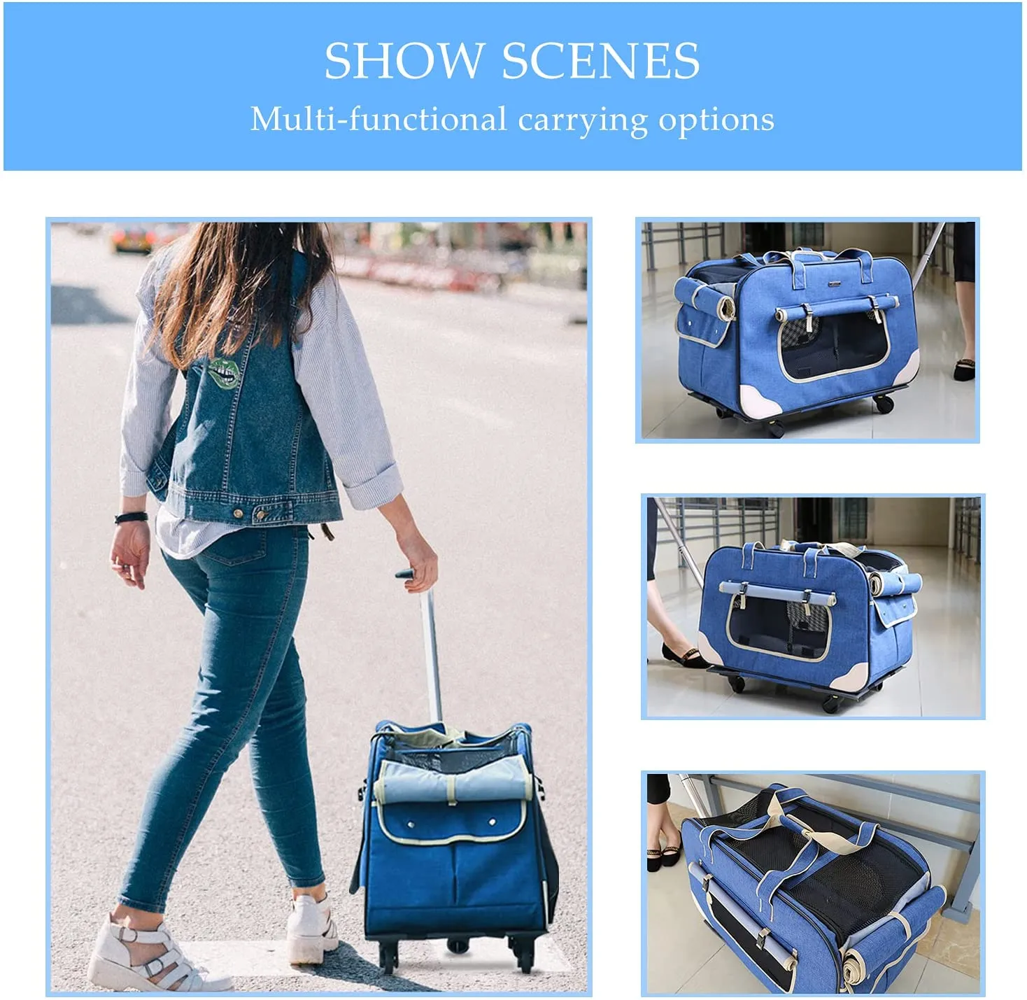 🐶Pet Rolling Carrier with Detachable Wheels Travel Rolling Carrier for Small & Medium Dogs/Cats up to 33 Pounds, Collapsible and Breathable