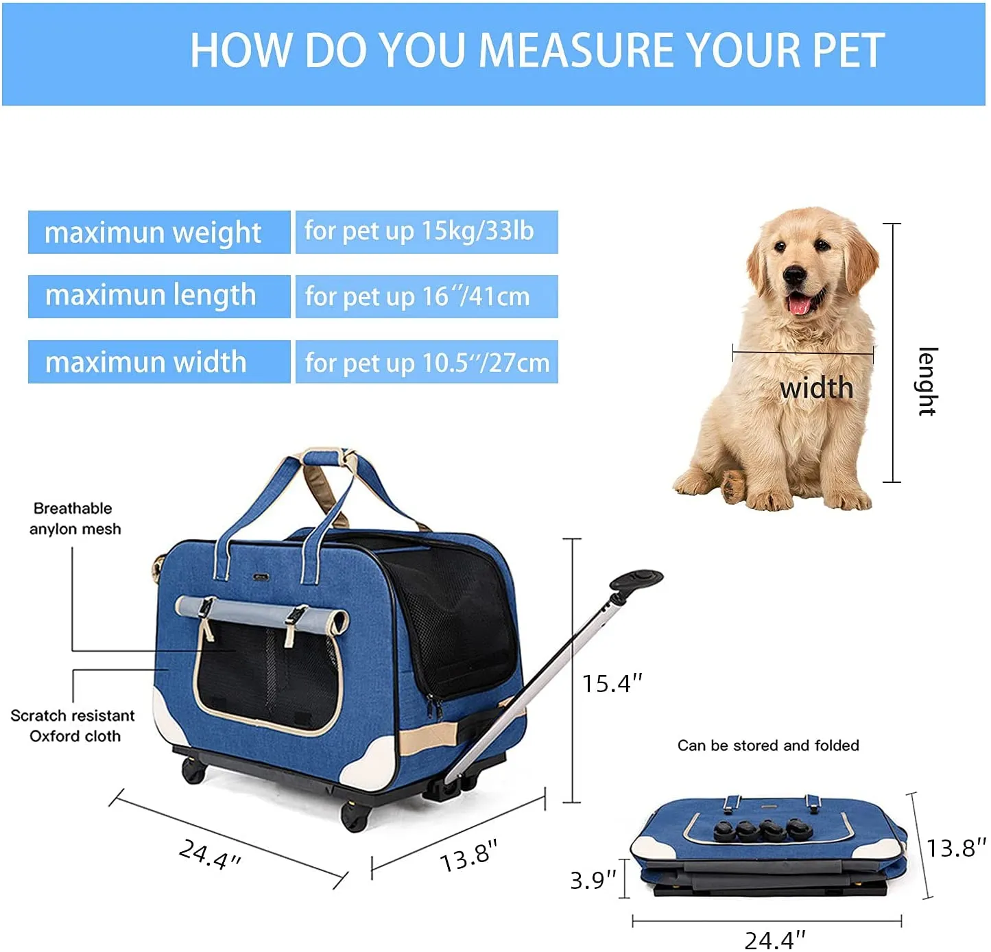 🐶Pet Rolling Carrier with Detachable Wheels Travel Rolling Carrier for Small & Medium Dogs/Cats up to 33 Pounds, Collapsible and Breathable