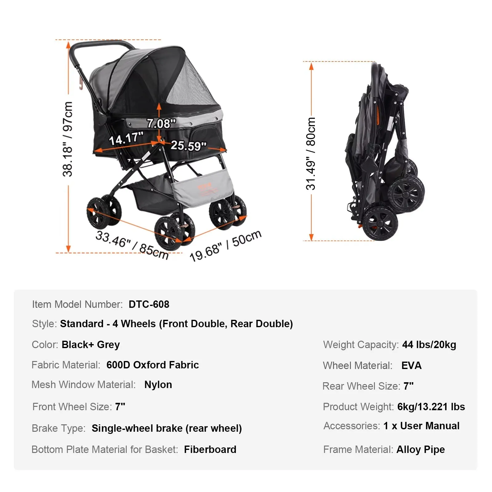 Pet Stroller Carrier Dog Cat Strollers Lightweight Travel Rotate with Brakes Pet Pad Cup Holder for Puppy Dog Accessories