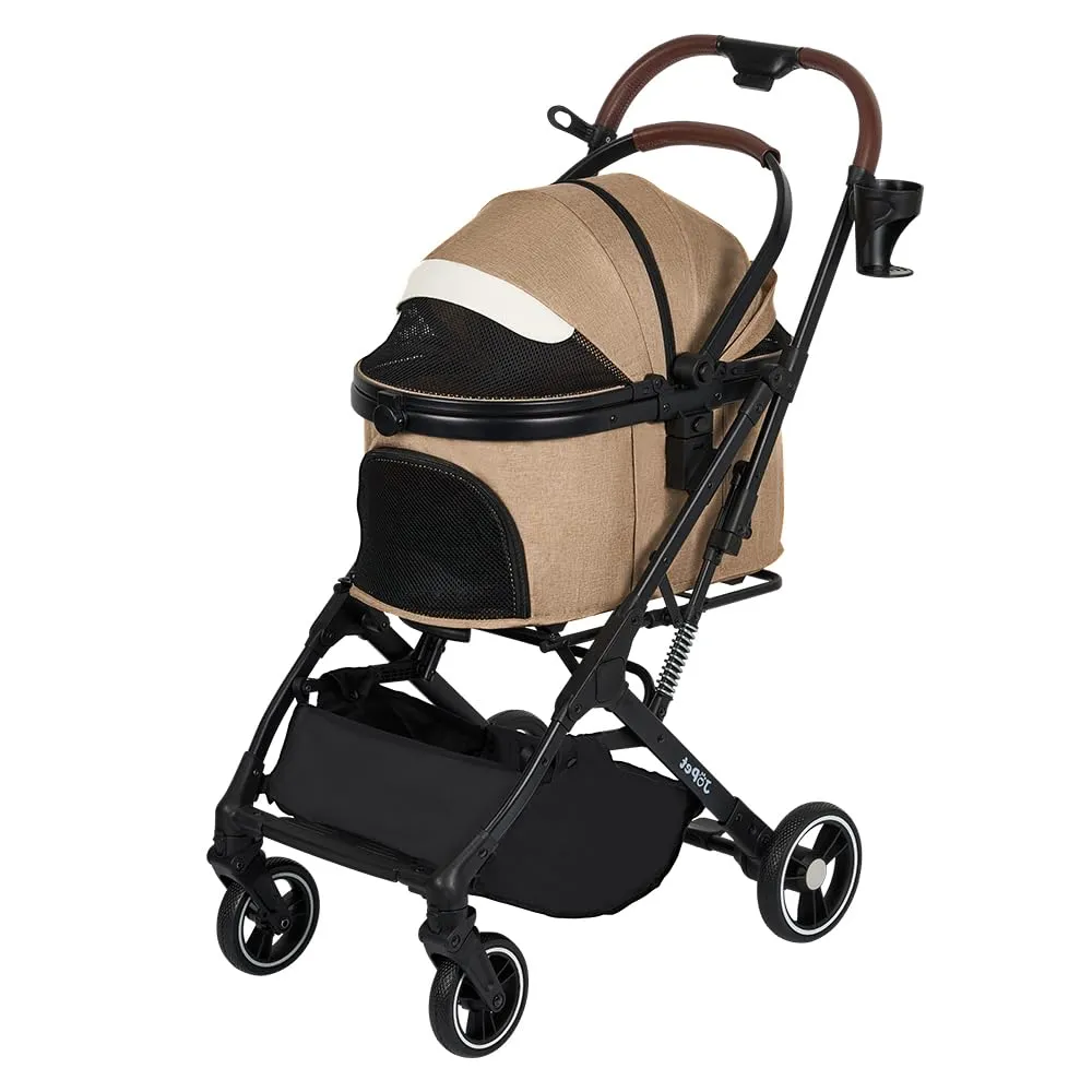 Pet Stroller for Small and medlium Dogs, Aluminum Alloy Frame, Dog, Cat, Foldable carts, Carrier, One-Hand Automatic Folding, Quick Release Wheel, PU Wheels (Burlywood)