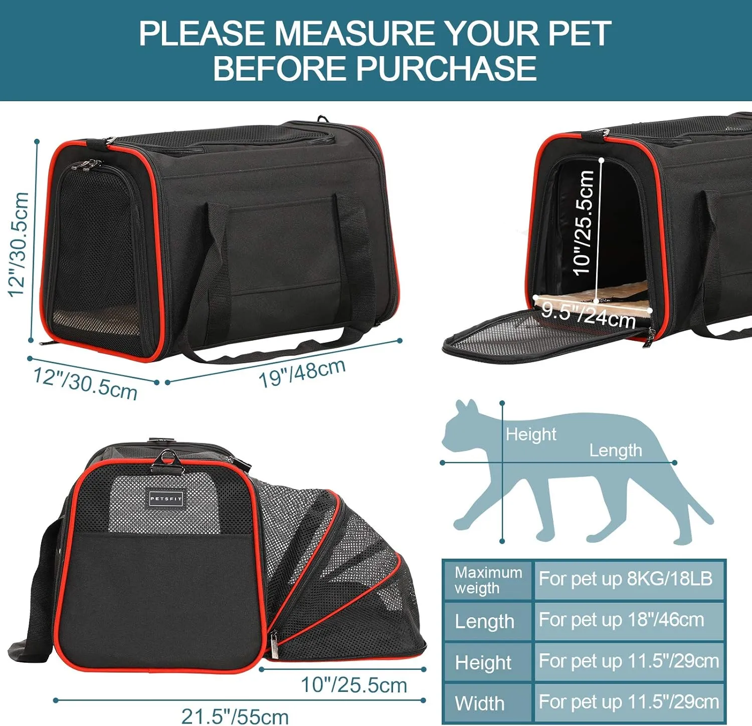 Petsfit Expandable Dog Carrier Large Cat Carrier, Soft-Sided Portable Collapsible Pet Travel Carrier for Kittens, Puppies or Small Animals, 19 x12x12 Inches, Black