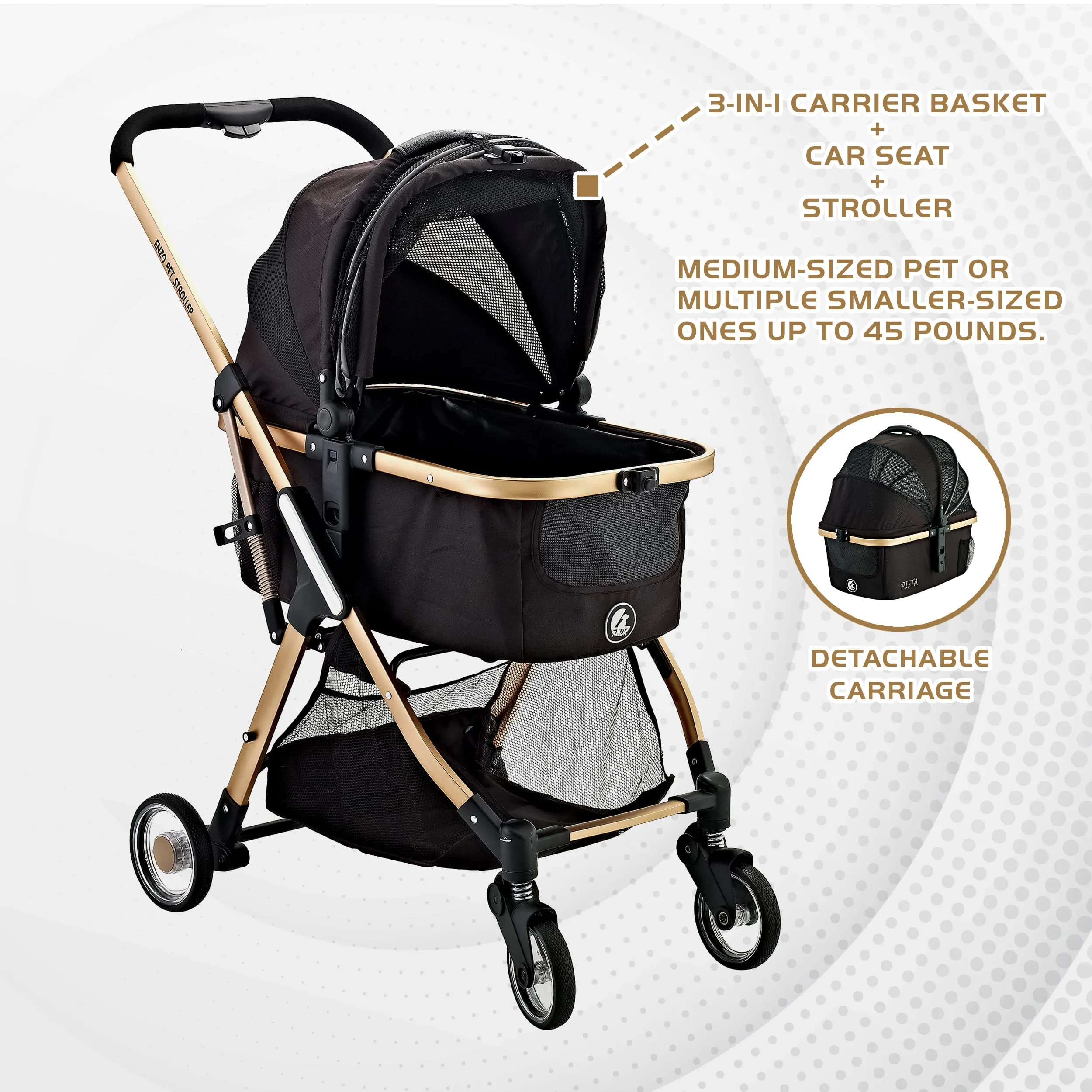 Pista Super-Lightweight Aluminum Frame 3-in-1 Stroller: The Ultimate Mobility Solution for Small/Medium Dogs, Cats, and Pets on the Go!