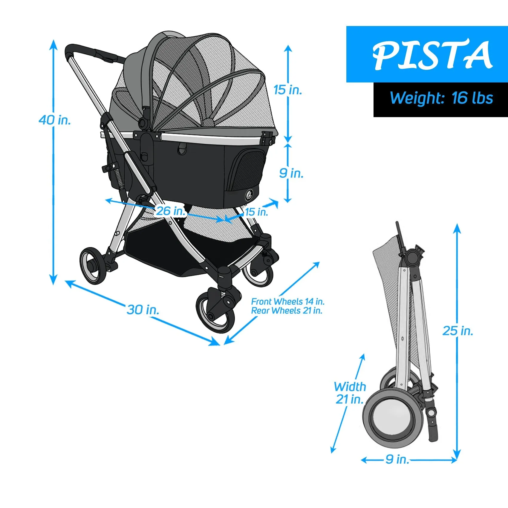 Pista Super-Lightweight Aluminum Frame 3-in-1 Stroller: The Ultimate Mobility Solution for Small/Medium Dogs, Cats, and Pets on the Go!