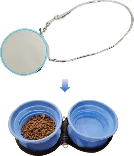 Portable Collapsible Foldable Expandable Double Large Silicone Pet Dish Bowls with Carabiner & Shoulder Strap, for Travel, Hiking and Camping, Feeding Dogs Cats with Food and Water