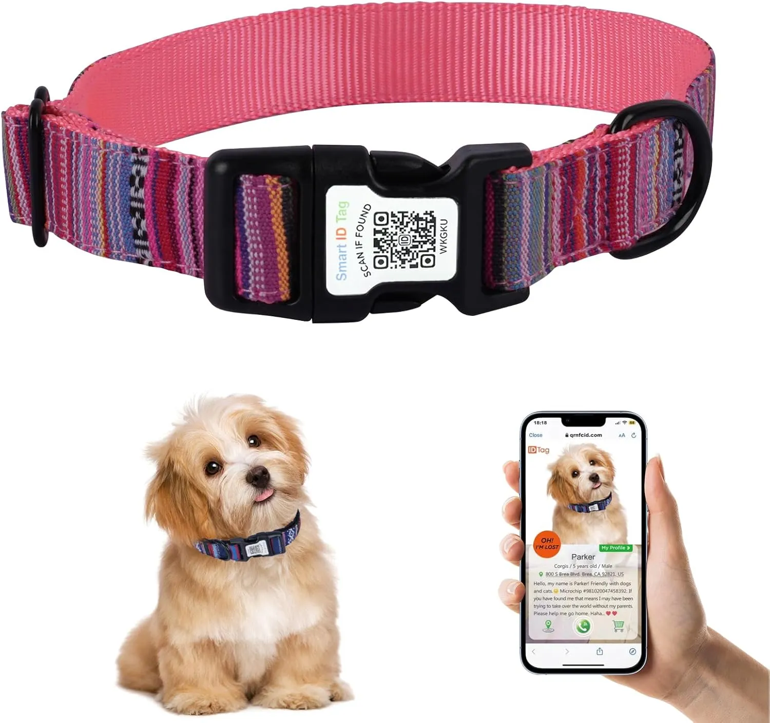 QR Code Dog Collar with ID Tag  Personalized Pet Identification Collar, Anti-Loss Quick Scan Tracking | Adjustable Nylon Strap Fits Small, Medium & Large Dogs (Pink, XS)