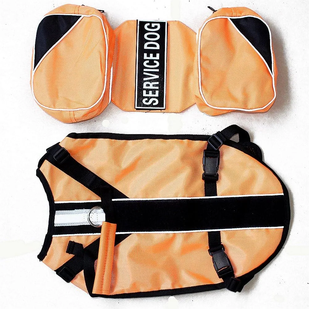 Service Dog Backpack Harness Vest Removable Saddle Bags with Label Patches(Orange,L)