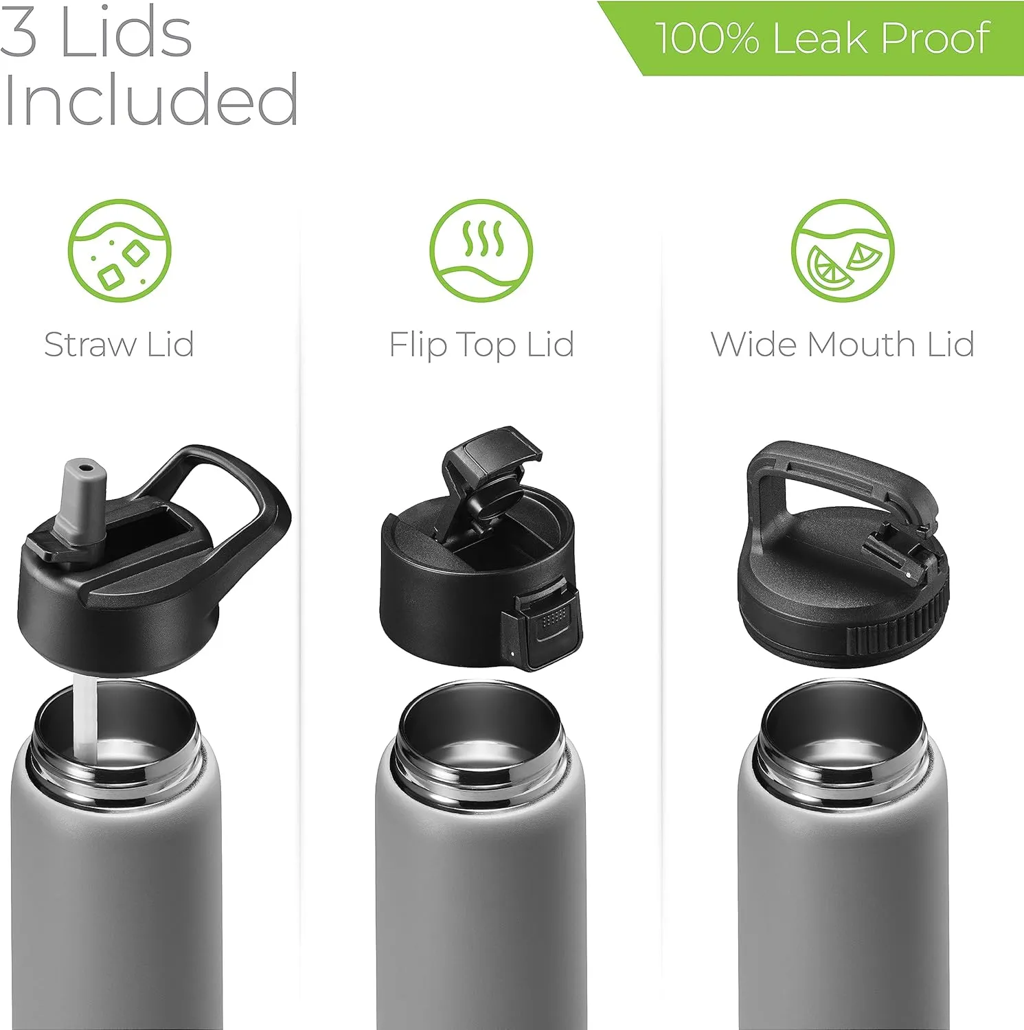 SipX Triple-Insulated Stainless Steel Water Bottle 25oz. With 3 Lids, BPA-Free Reusable Insulated Water Bottle Keeps Cold 24 Hours, Metal Water Bottle Made Of Sustainable Material For Hiking & Biking