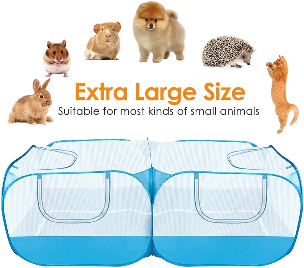 SlowTon Small Animals Playpen, Portable Large Chicken Run Coop with Detachable Bottom Breathable Transparent Mesh Walls, Foldable Pet Enclosure for Puppy Kitten Rabbits Indoor Outdoor(BL,Flat Top)