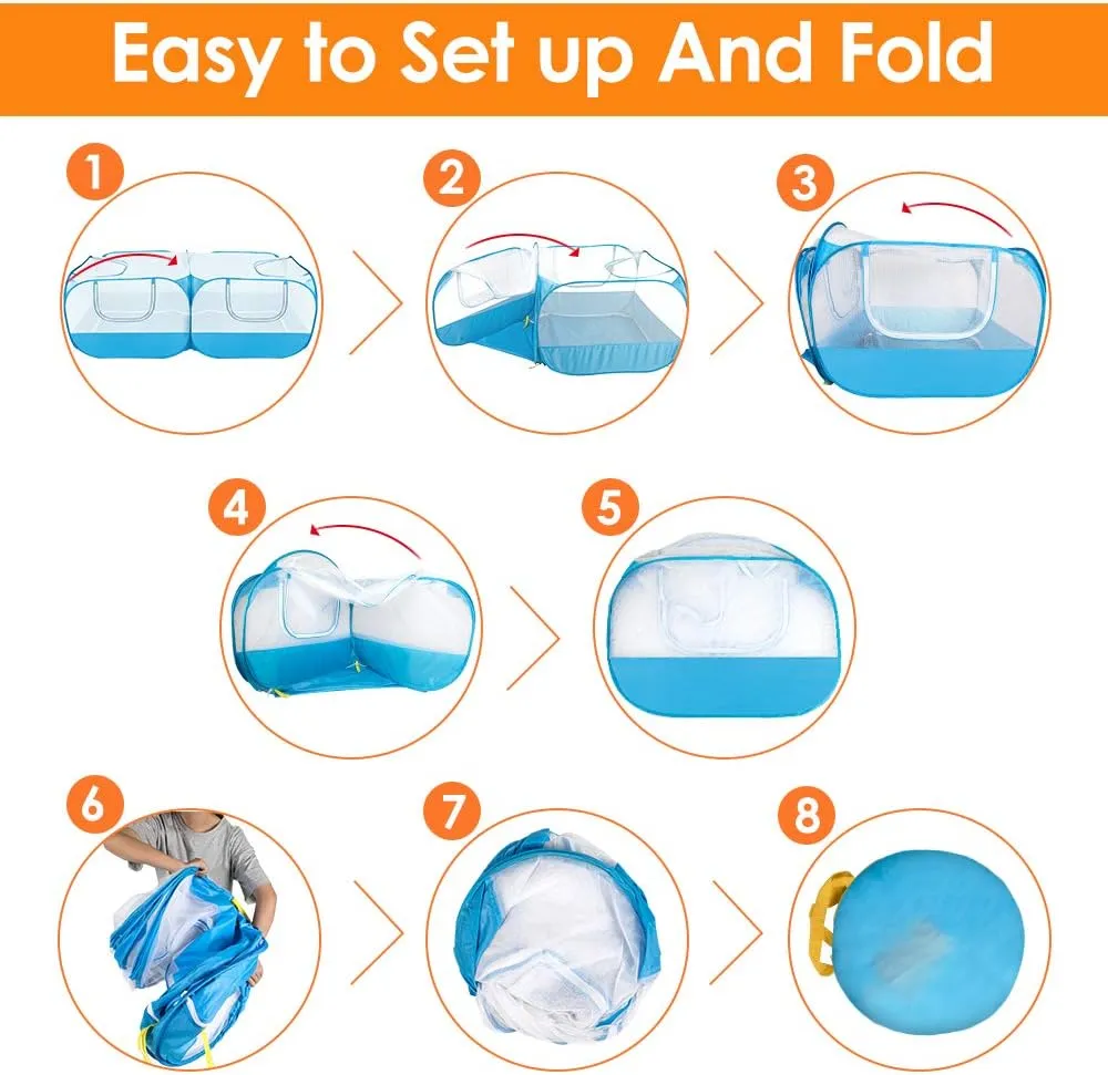SlowTon Small Animals Playpen, Portable Large Chicken Run Coop with Detachable Bottom Breathable Transparent Mesh Walls, Foldable Pet Enclosure for Puppy Kitten Rabbits Indoor Outdoor(BL,Flat Top)