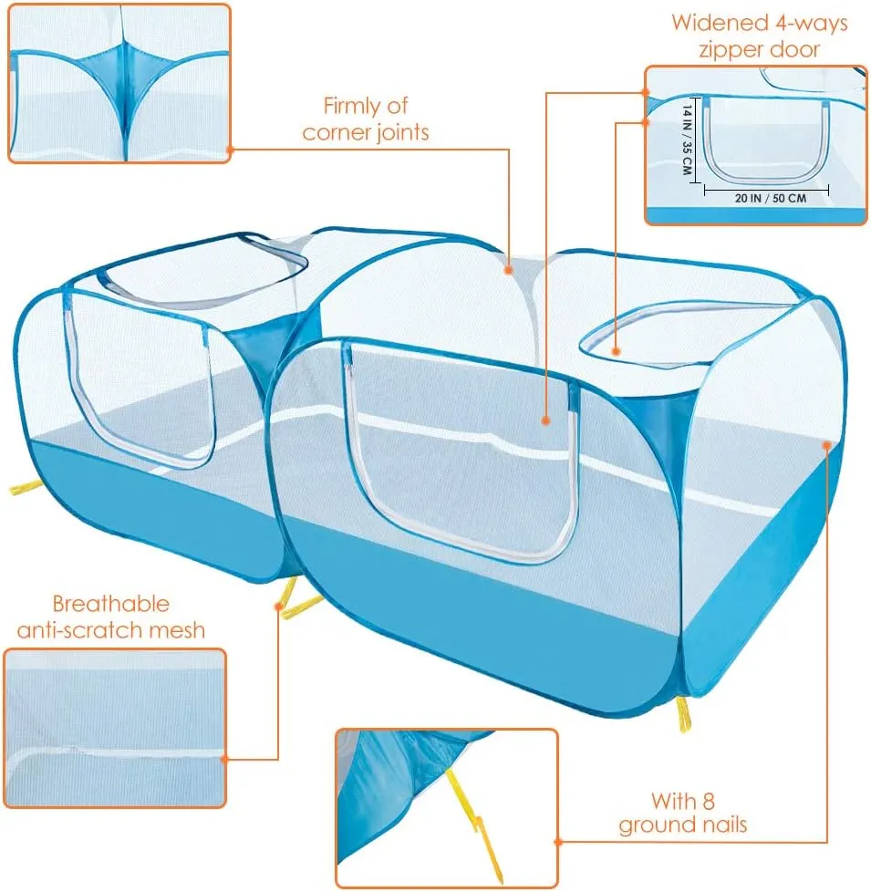 SlowTon Small Animals Playpen, Portable Large Chicken Run Coop with Detachable Bottom Breathable Transparent Mesh Walls, Foldable Pet Enclosure for Puppy Kitten Rabbits Indoor Outdoor(BL,Flat Top)