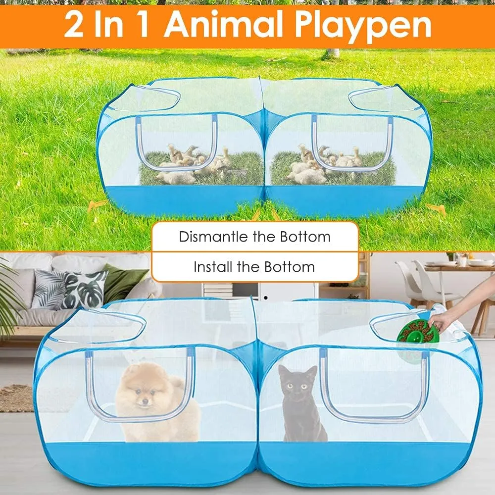 SlowTon Small Animals Playpen, Portable Large Chicken Run Coop with Detachable Bottom Breathable Transparent Mesh Walls, Foldable Pet Enclosure for Puppy Kitten Rabbits Indoor Outdoor(BL,Flat Top)