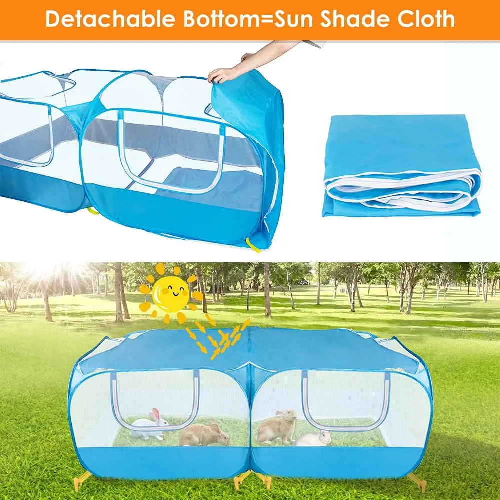 SlowTon Small Animals Playpen, Portable Large Chicken Run Coop with Detachable Bottom Breathable Transparent Mesh Walls, Foldable Pet Enclosure for Puppy Kitten Rabbits Indoor Outdoor(BL,Flat Top)