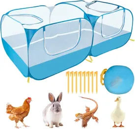 SlowTon Small Animals Playpen, Portable Large Chicken Run Coop with Detachable Bottom Breathable Transparent Mesh Walls, Foldable Pet Enclosure for Puppy Kitten Rabbits Indoor Outdoor(BL,Flat Top)