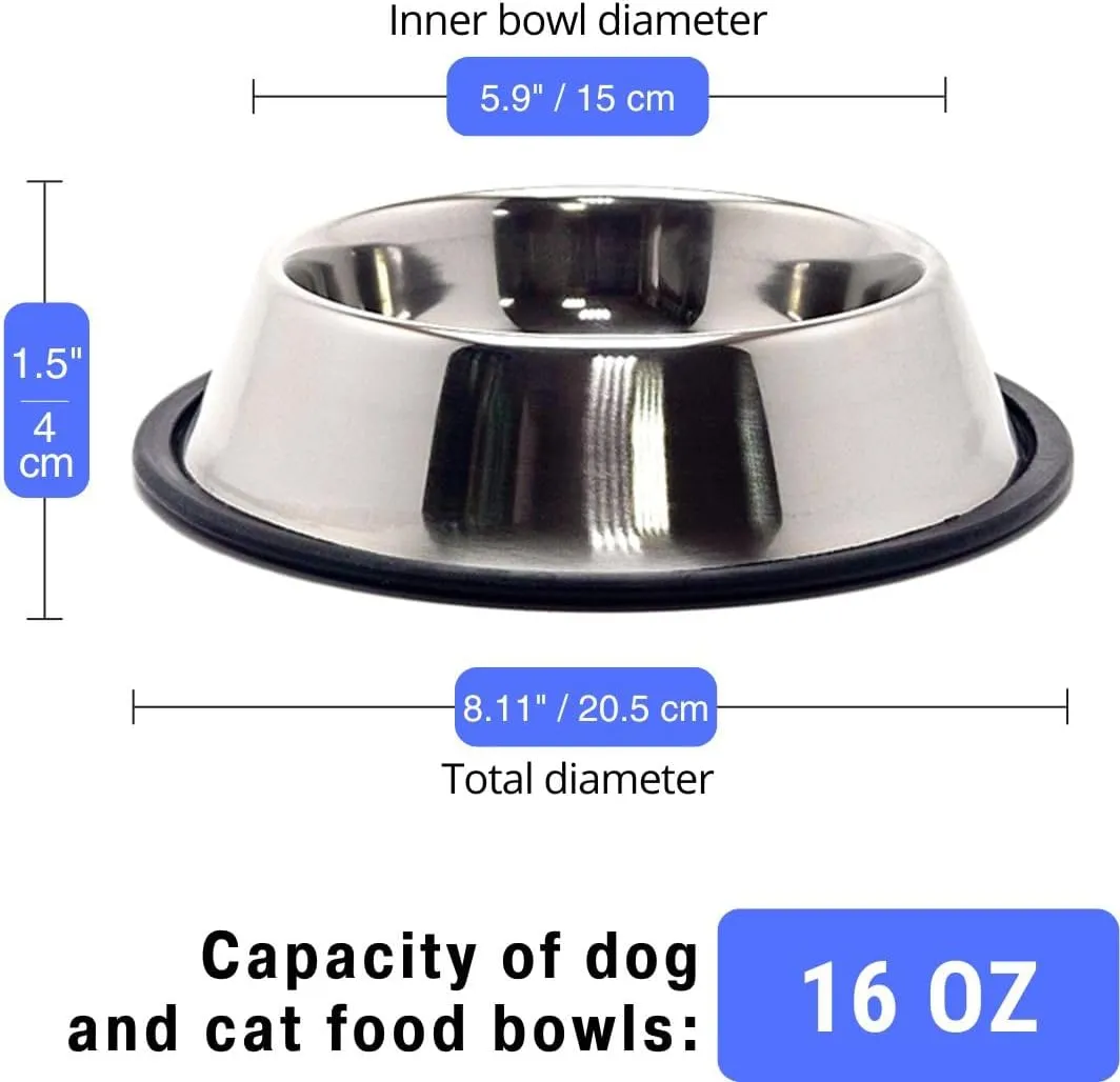Stainless Steel Dog Bowl with Anti-Skid Rubber Base for Small/Medium/Large Pet (16oz)
