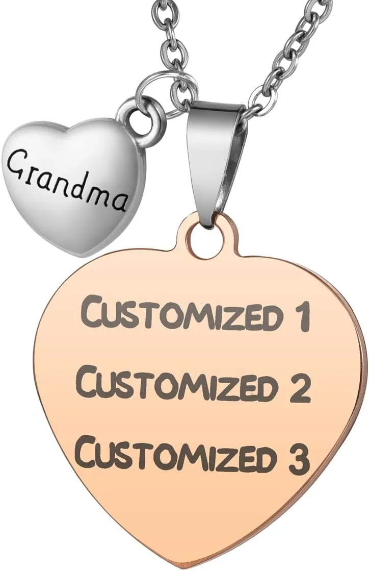 Stainless Steel Dog Cat ID Tag Customized Engraving Text Heart Sharp Pendant Necklace Grandma Charm Rose Gold