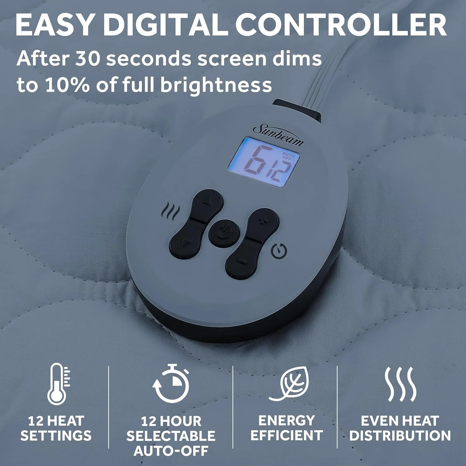Sunbeam King Size Electric Heated Mattress Pad, 12 Heat Settings, 12hr Auto Shut-Off, Fast Heating, Machine Washable