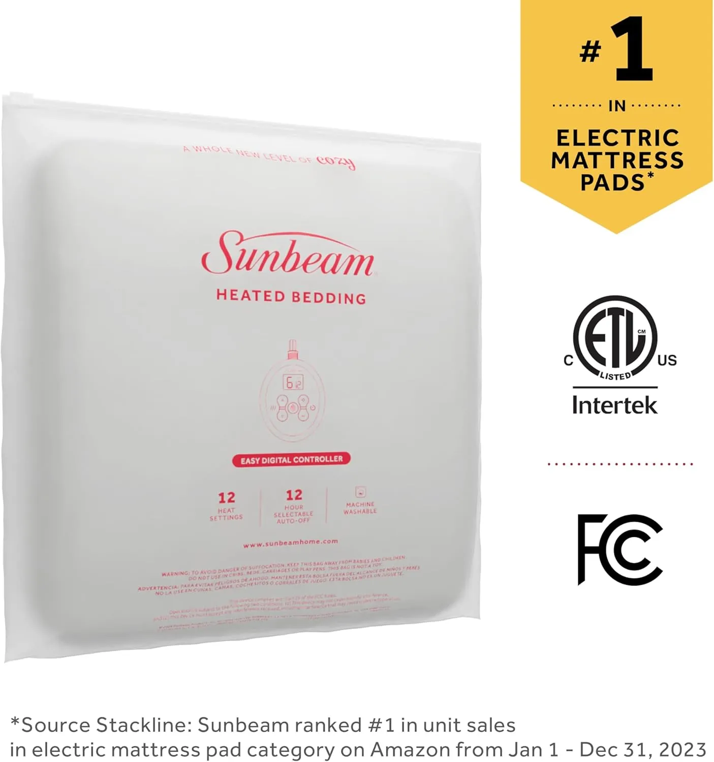 Sunbeam King Size Electric Heated Mattress Pad, 12 Heat Settings, 12hr Auto Shut-Off, Fast Heating, Machine Washable