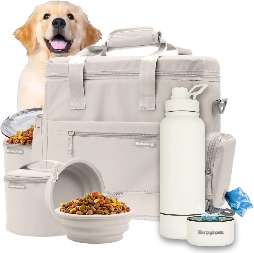 The Original Doggy Bag (Beige) & 32oz Insulated Water Bottle with Attached 8oz Bowl (Solid Cream) - Dog Travel Bag & Hydration Set