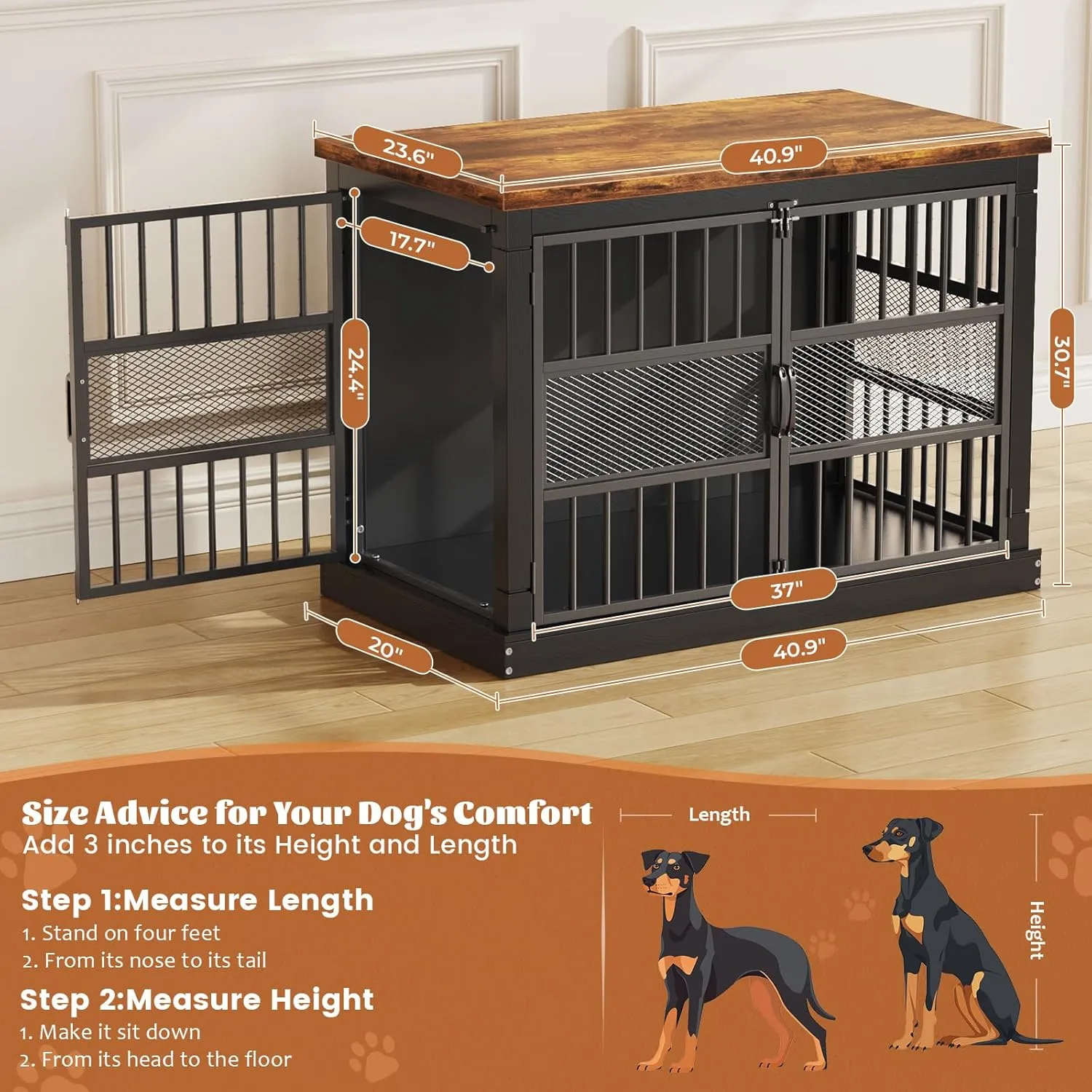 VOPEAK Dog Crate Furniture, Chew Resistant Large Dog Crate for Medium Large Dogs, Heavy Duty XL Dog Crates Dog Kennel Cage Indoor with Double Doors, Wooden End Table for Bedroom Living Room, Black