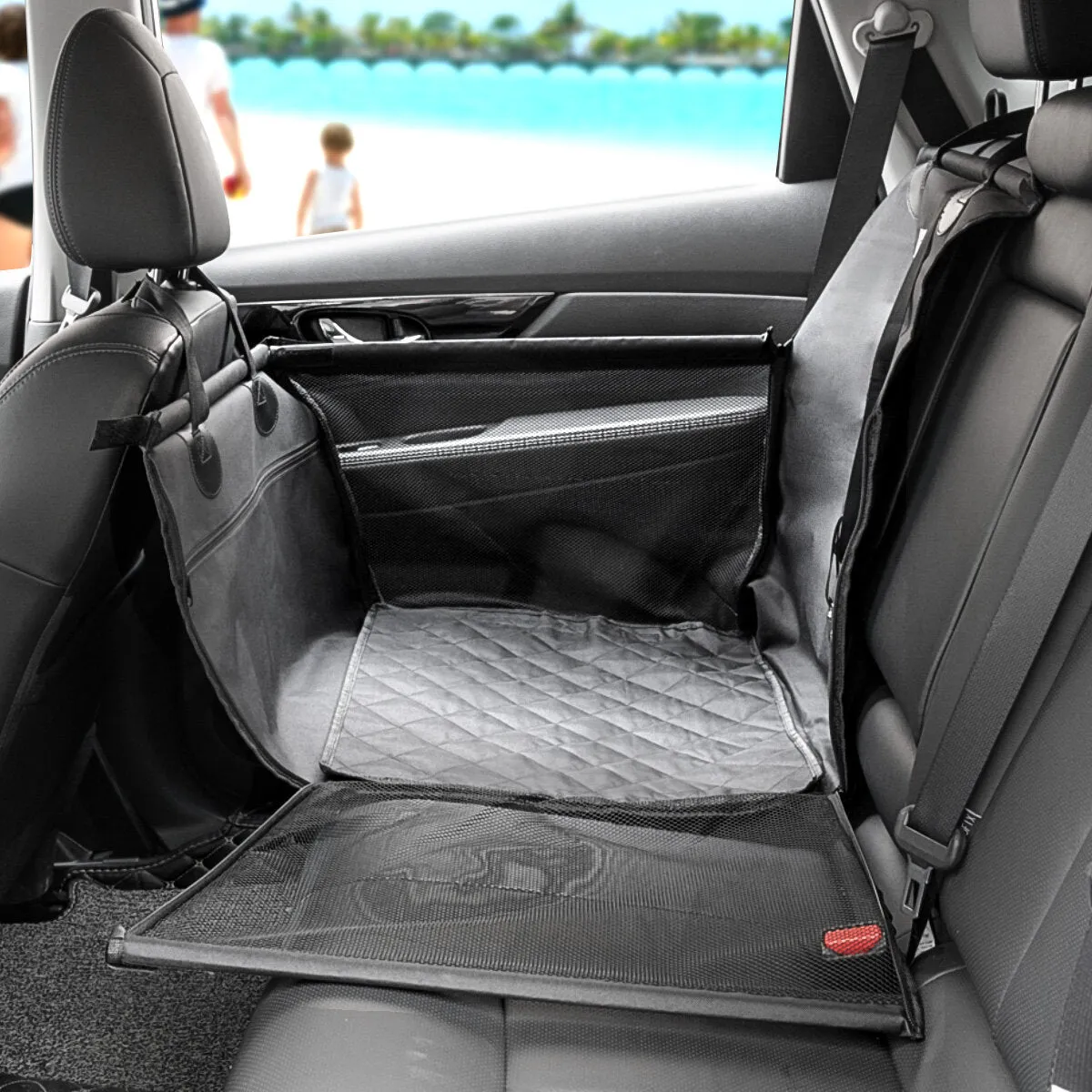 Waterproof Nonslip Car Rear Seat Cover Pet Mat Carrier Protector for Dogs with Seat Belt, Pocket, and Hammock Basket