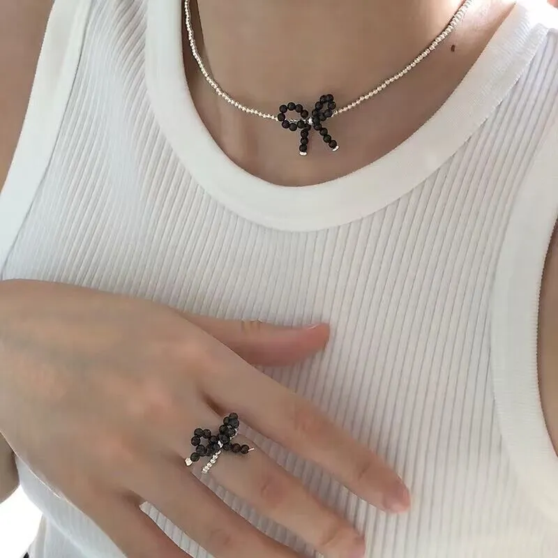 Wholesale black agate bow silver beads s925 silver clavicle chain