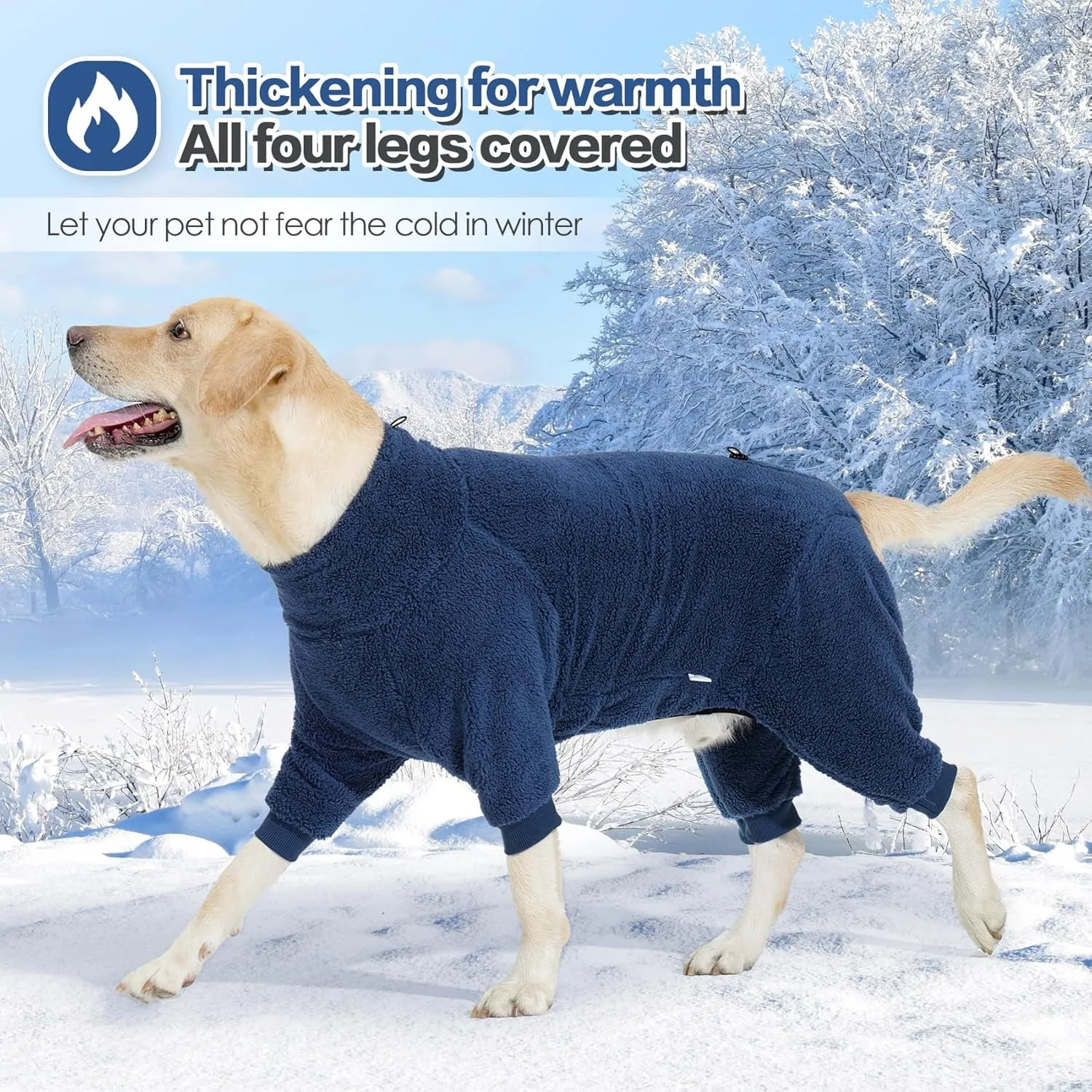 Winter Coat - Warm Fleece Dog Jacket, Windproof Pullover Jumpsuit, Full Body Pajamas Onesie, Cold Weather Clothes for Medium Large Dogs (XL, Navy Blue)