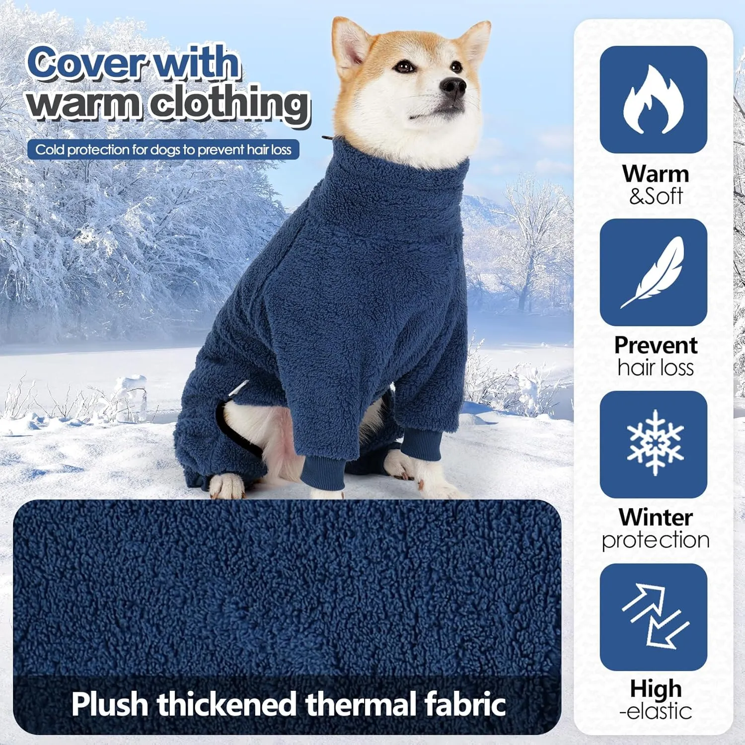 Winter Coat - Warm Fleece Dog Jacket, Windproof Pullover Jumpsuit, Full Body Pajamas Onesie, Cold Weather Clothes for Medium Large Dogs (XL, Navy Blue)