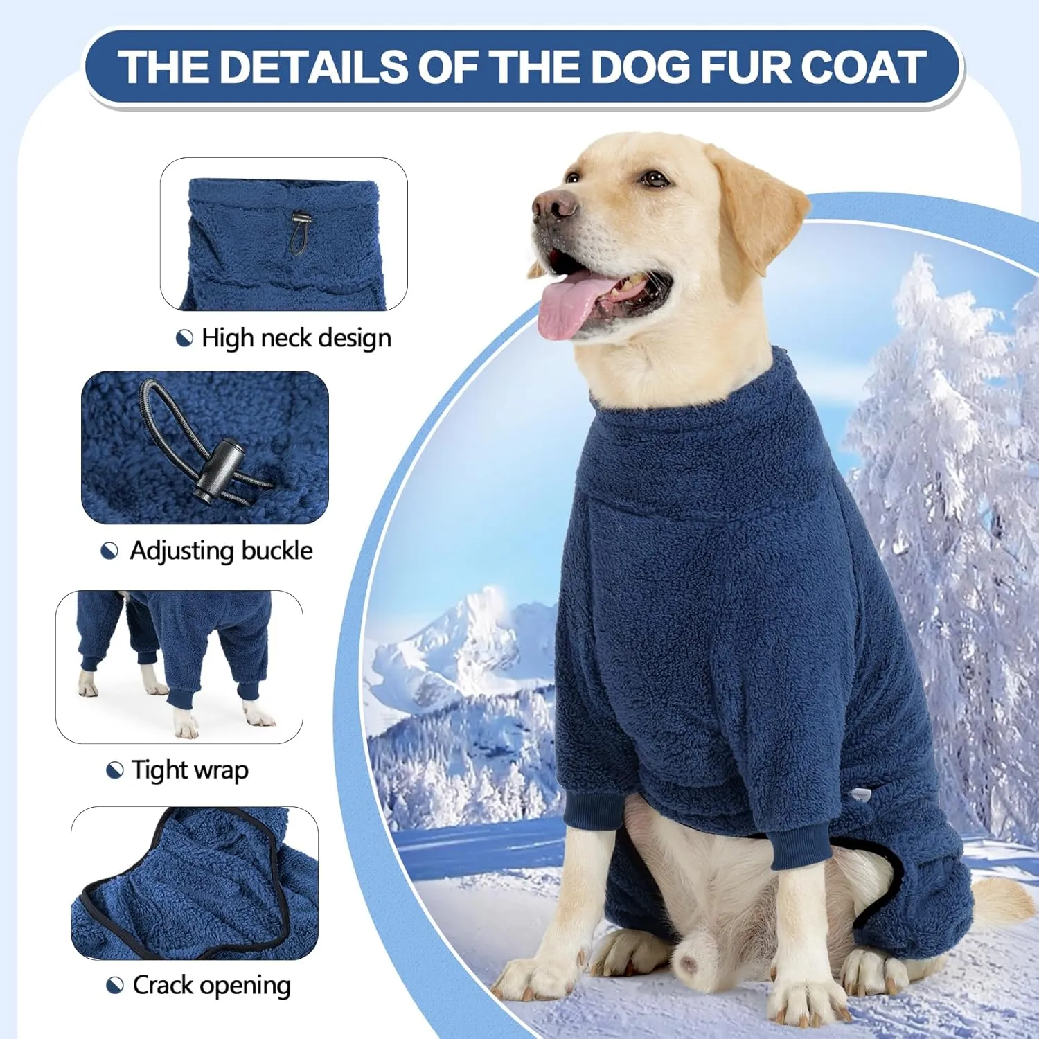 Winter Coat - Warm Fleece Dog Jacket, Windproof Pullover Jumpsuit, Full Body Pajamas Onesie, Cold Weather Clothes for Medium Large Dogs (XL, Navy Blue)