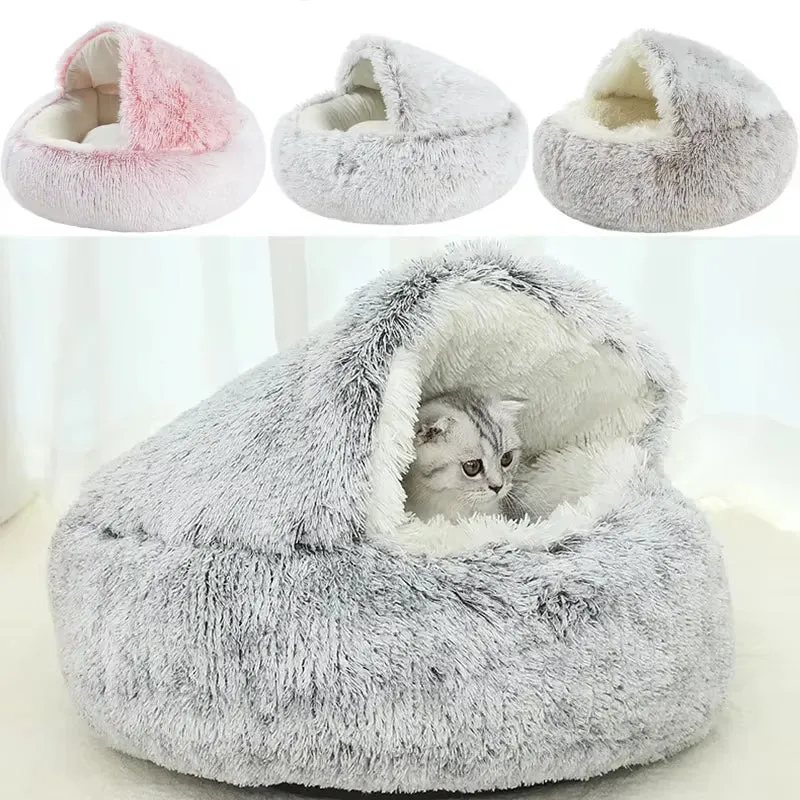 Winter Plush Round Cat Bed & Sleep Bag
