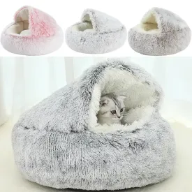 Winter Plush Round Cat Bed & Sleep Bag