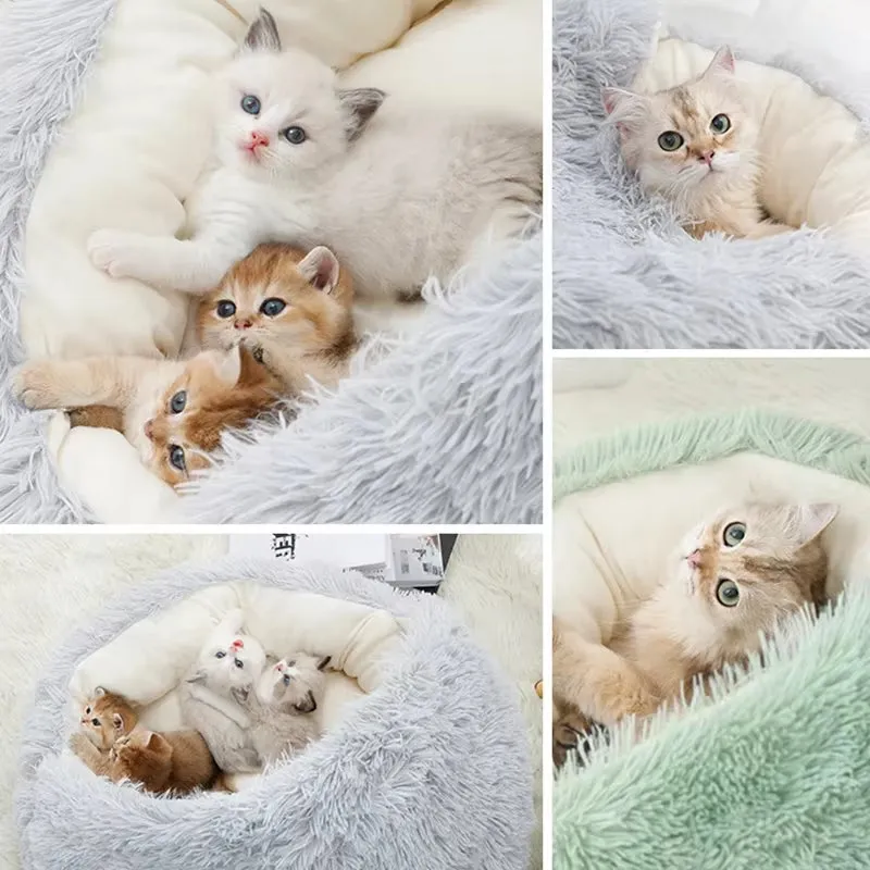 Winter Plush Round Cat Bed & Sleep Bag