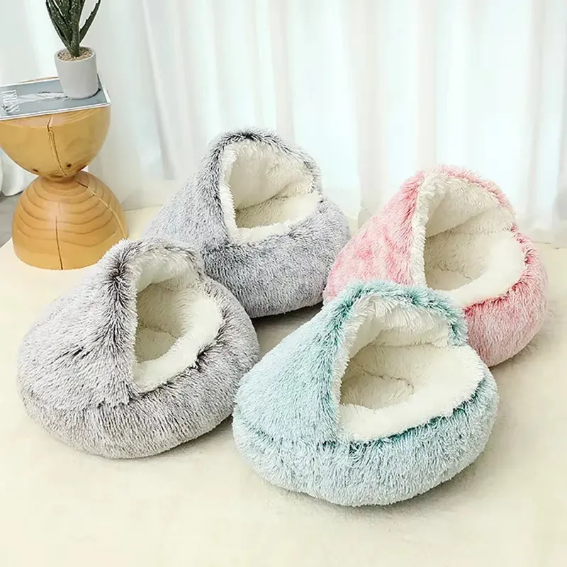 Winter Plush Round Cat Bed & Sleep Bag