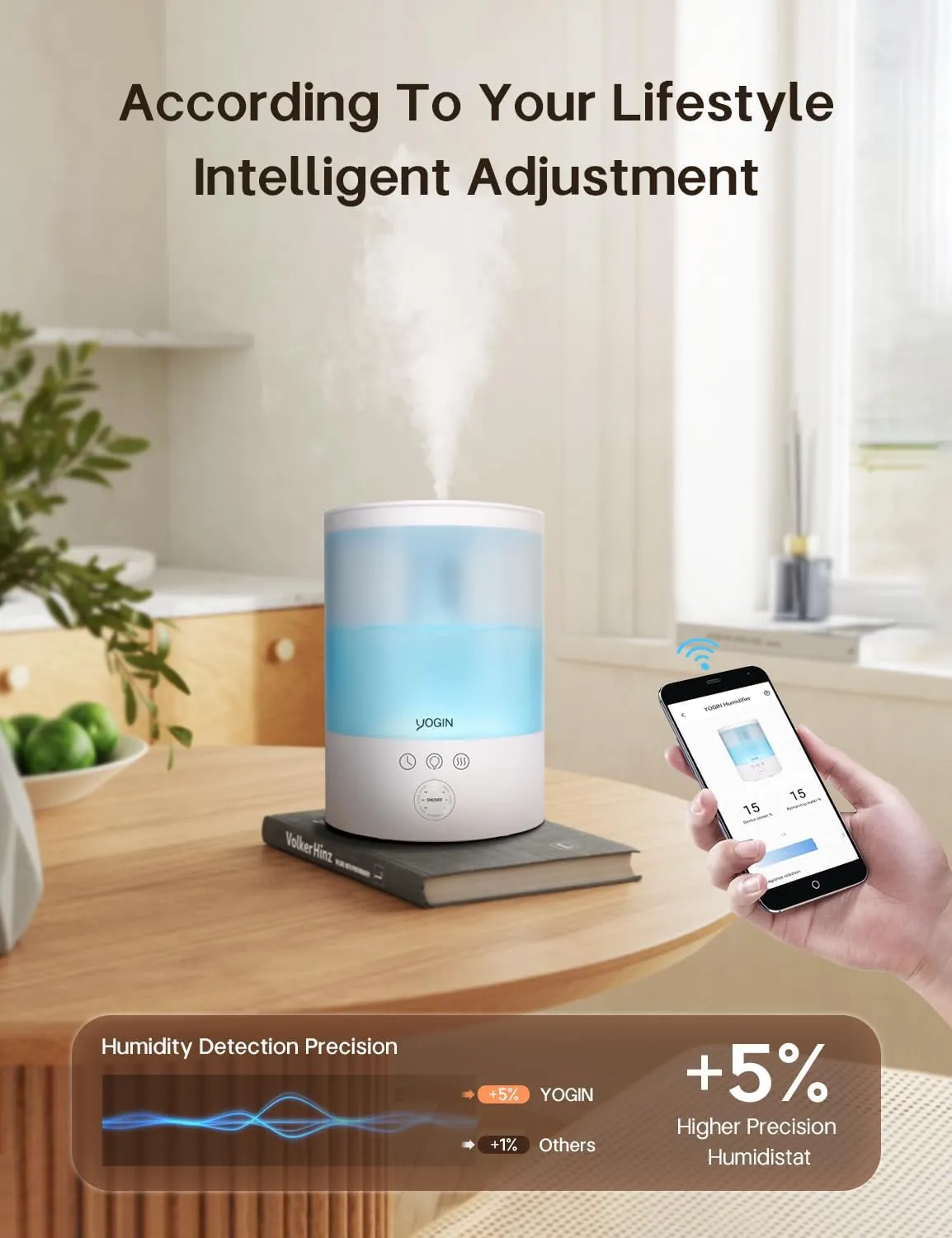 YOGIN Humidifiers for Bedroom Large room,Top fill 2.5L Ultrasonic cool mist Humidifiers for Baby Nursery and Plants,Up to 24 Hours of Operation,Wifi version - Touch button with light