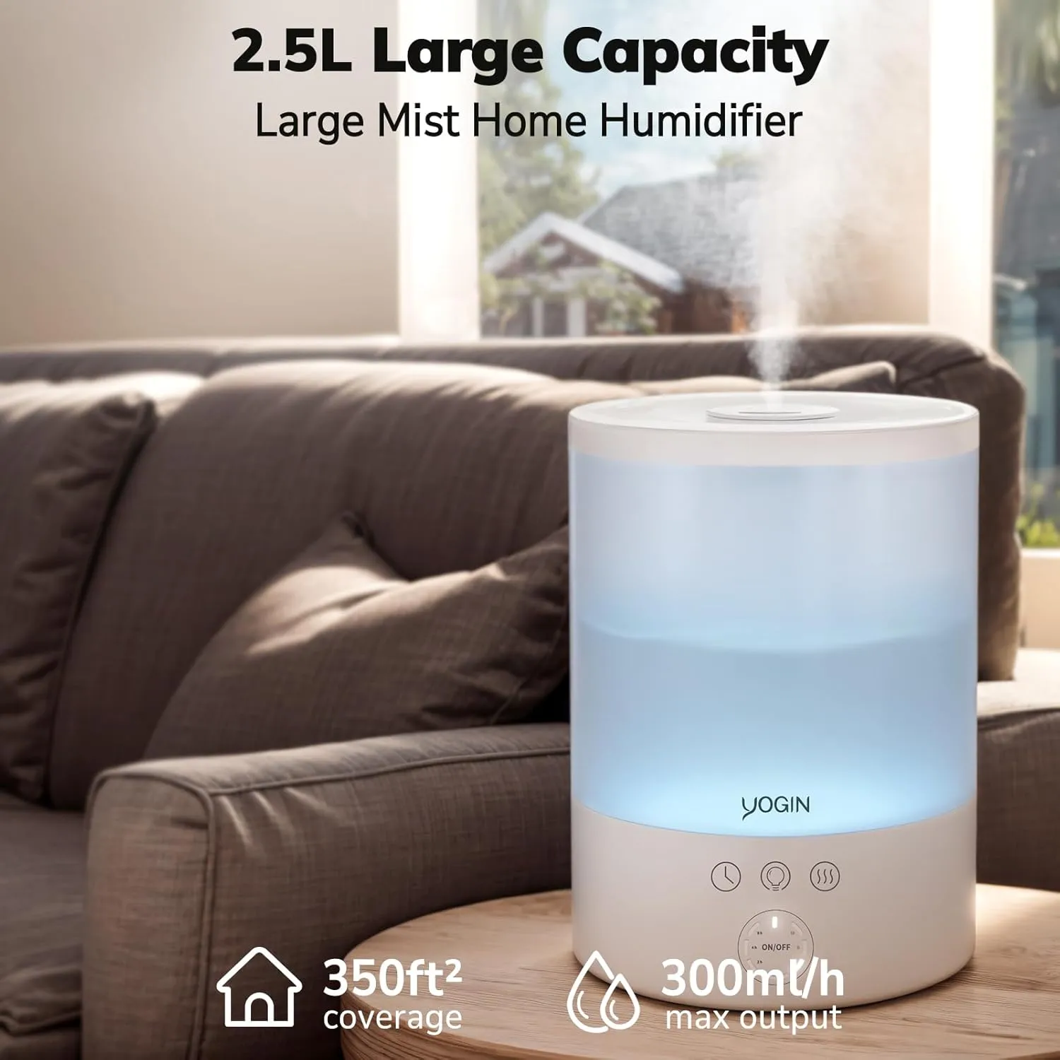 YOGIN Humidifiers for Bedroom Large room,Top fill 2.5L Ultrasonic cool mist Humidifiers for Baby Nursery and Plants,Up to 24 Hours of Operation,Wifi version - Touch button with light